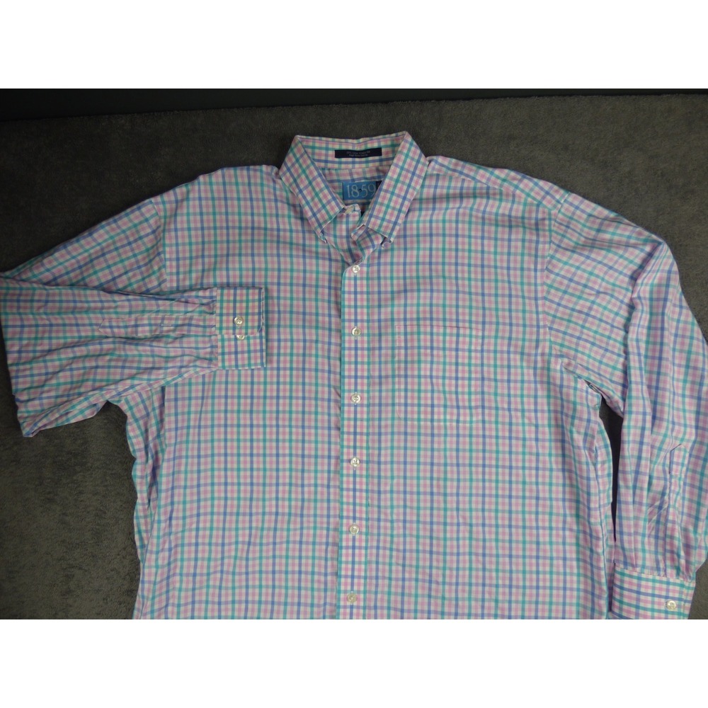 Oak Hall 1859 Mens XL Pink Blue Gingham Wrinkle Free Cotton Button Down Shirt